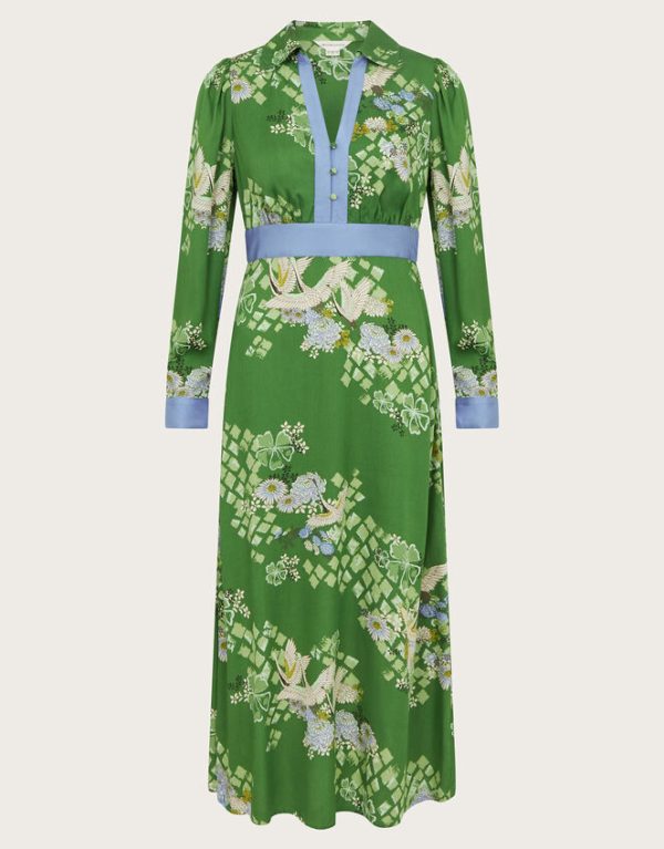 Monsoon Jennifer Long Sleeve Floral Print Midi Dress Green - Image 5