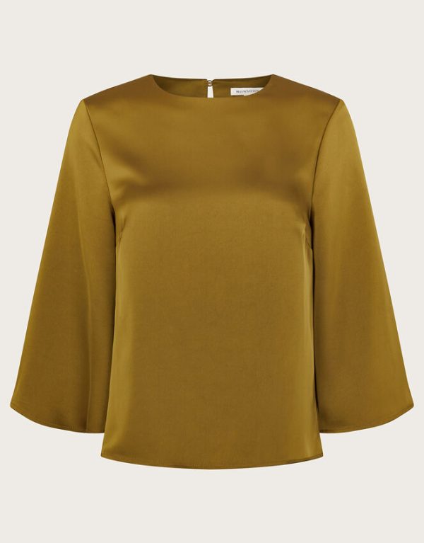 Monsoon Ingrid Bell Sleeve Satin Top Green - Image 5