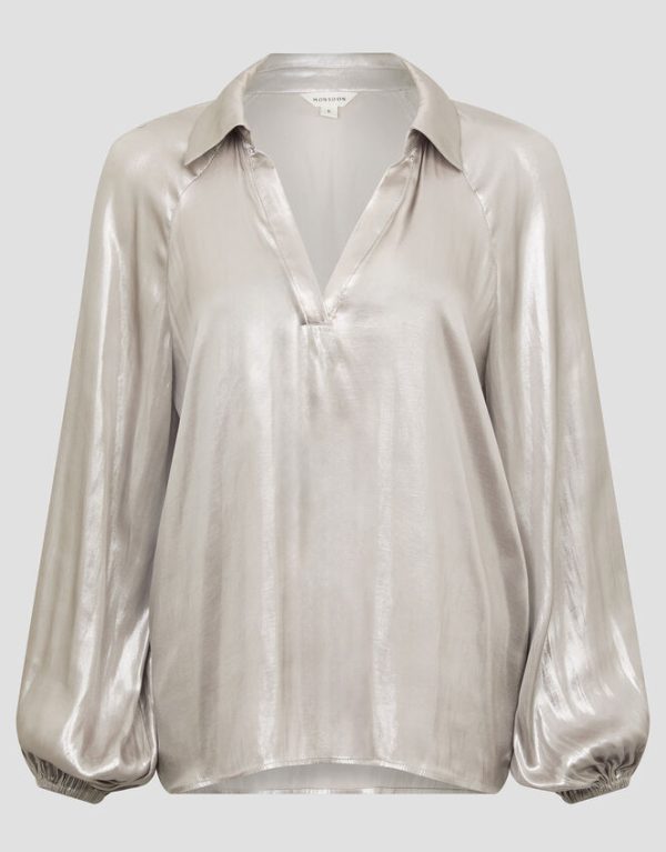 Monsoon Lillie Metallic Collar Blouse Natural - Image 5