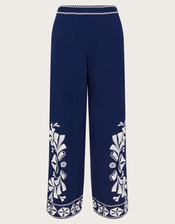 Monsoon Ola Embroidered Wide Leg Trousers Blue - Image 6