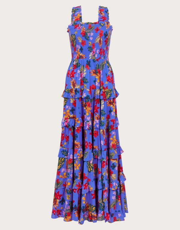 Monsoon Miley Floral Smocked Ruffle Maxi Dress Blue - Image 5