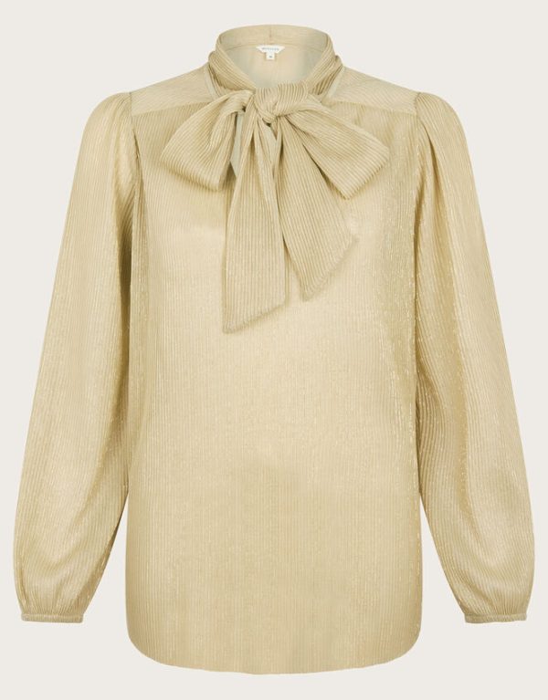 Monsoon Pree Sparkle Plisse Pussybow Blouse Gold - Image 6