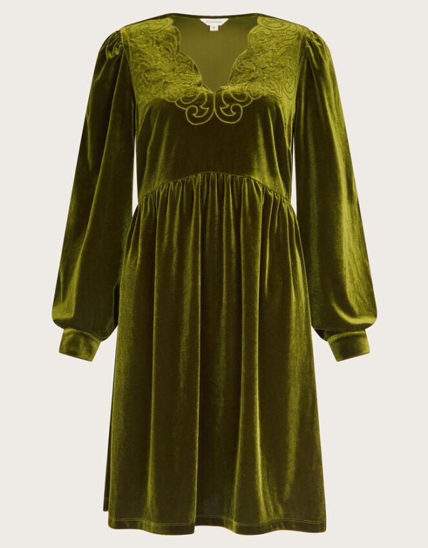 Monsoon Vicki Embroidered Velvet Mini Dress Green - Image 5