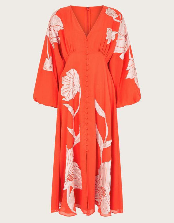 Monsoon Talia Floral Applique Midi Tea Dress Orange - Image 5