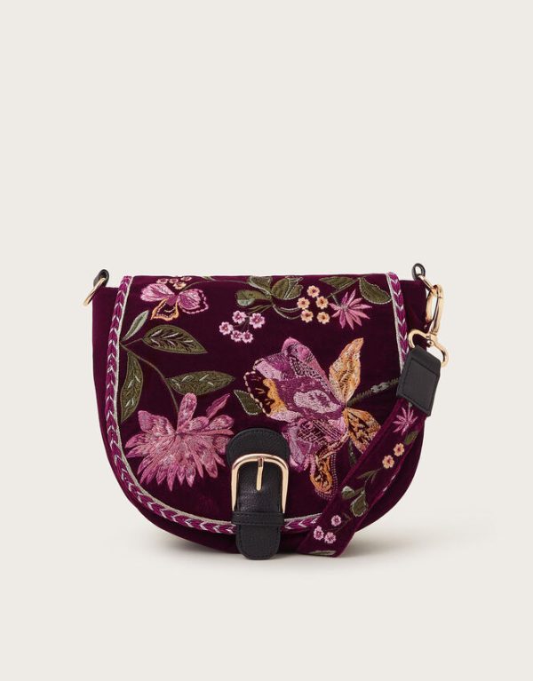 Monsoon Freya Embroidered Velvet Saddle Bag Red