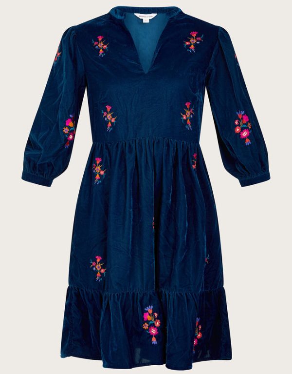 Monsoon Faith Embroidered Velvet Dress Teal - Image 6