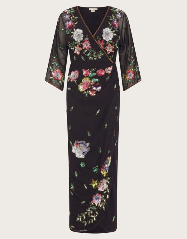 Monsoon Josie Embroidered Wrap Dress Black - Image 5