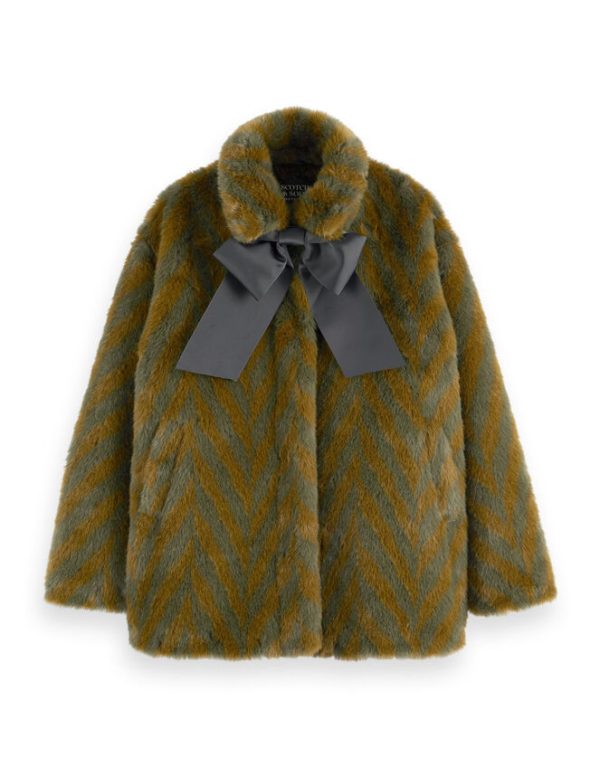 Monsoon Scotch and Soda A-Line Chevron Faux Fur Coat Green - Image 7