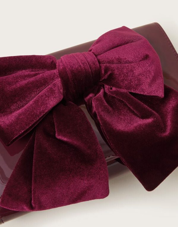 Monsoon Paige Velvet Bow Patent Clutch Bag Red - Image 3