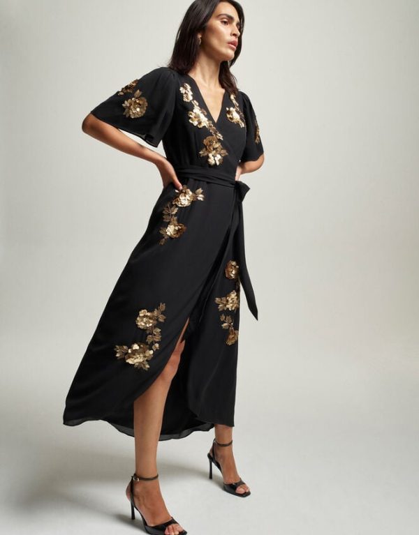 Monsoon Sarah Sequin Floral Midi Wrap Dress Black - Image 6