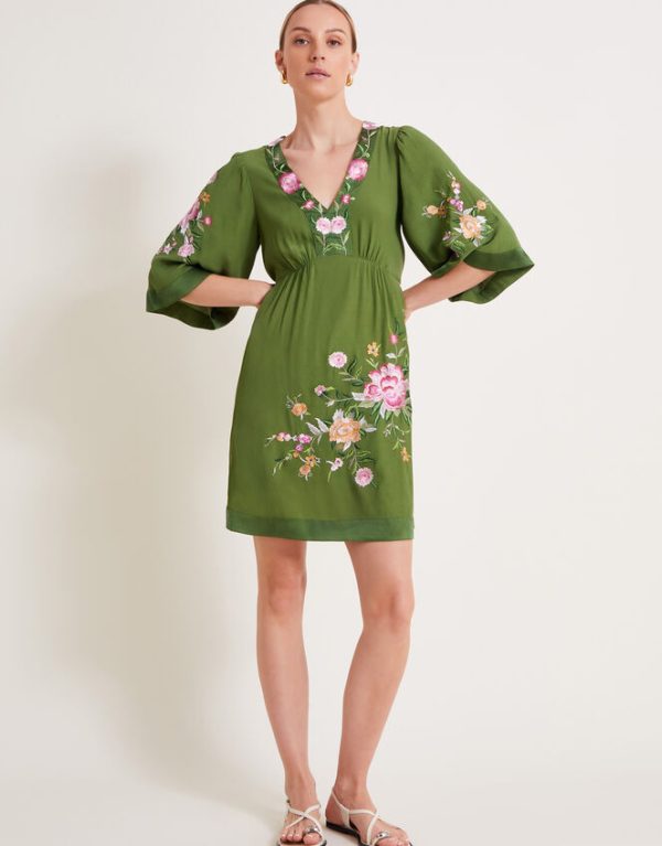 Monsoon Alice Embroidered Short Dress Green