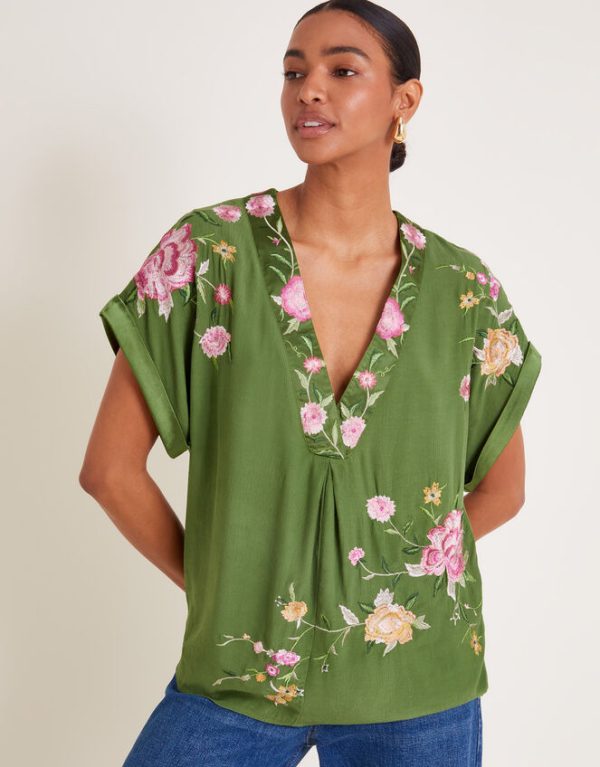 Monsoon Alice Floral Embroidered V-Neck Blouse Green