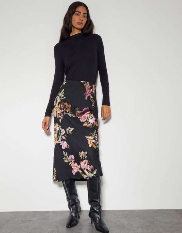 Monsoon Ariella Floral Devore Midi Skirt Black