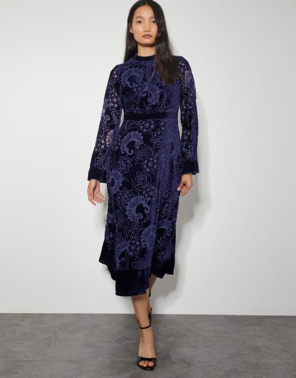 Monsoon Eva Floral Velvet Midi Dress Blue