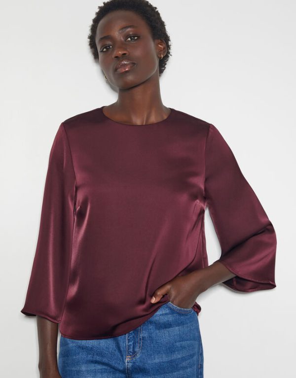 Monsoon Ingrid Bell Sleeve Satin Top Red