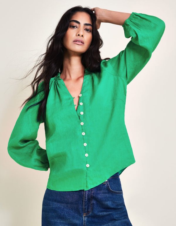 Monsoon Reine Frill Linen Blouse Green