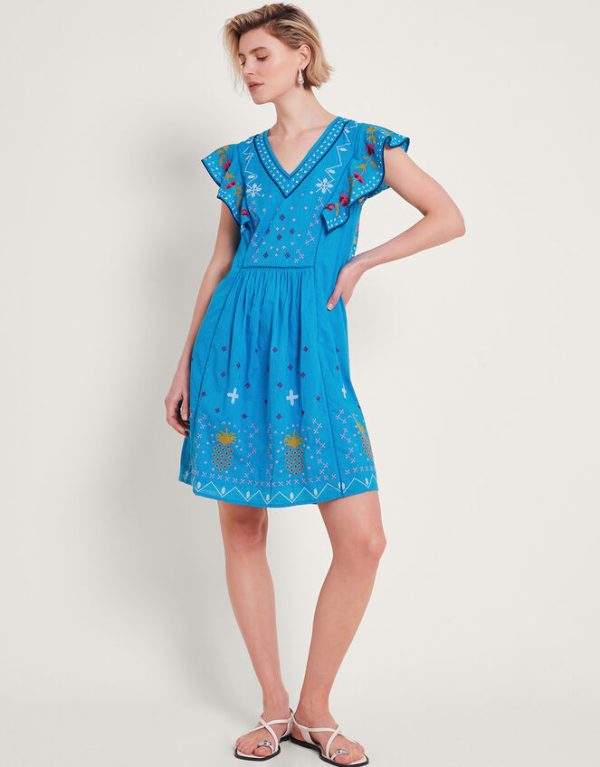 Monsoon Prue Embroidered Ruffle Mini Dress Blue