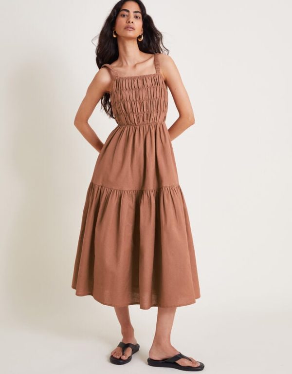 Monsoon Nisha Smocked Sleeveless Midi Dress Brown