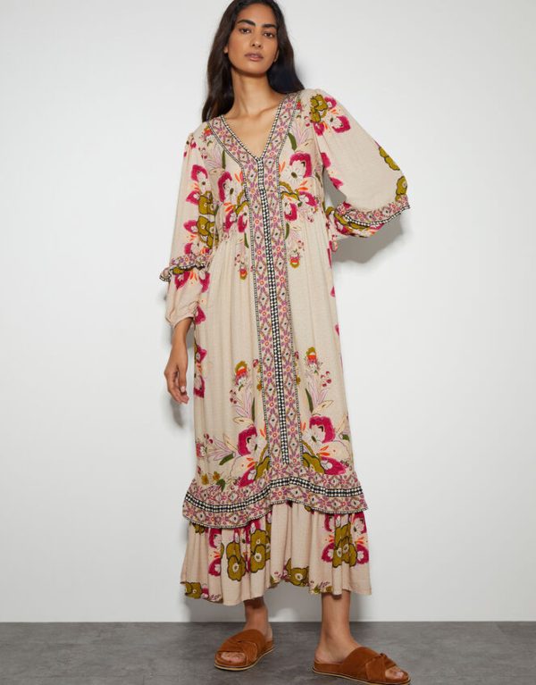 Monsoon Kara Long Sleeve Floral Ruffle Maxi Dress Ivory