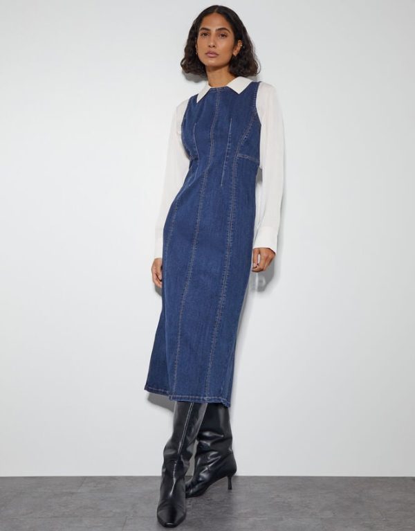 Monsoon Rhian Sleeveless Denim Midi Dress Blue