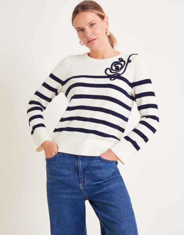 Monsoon Cate Cornelli Stripe Crew Neck Jumper Ivory