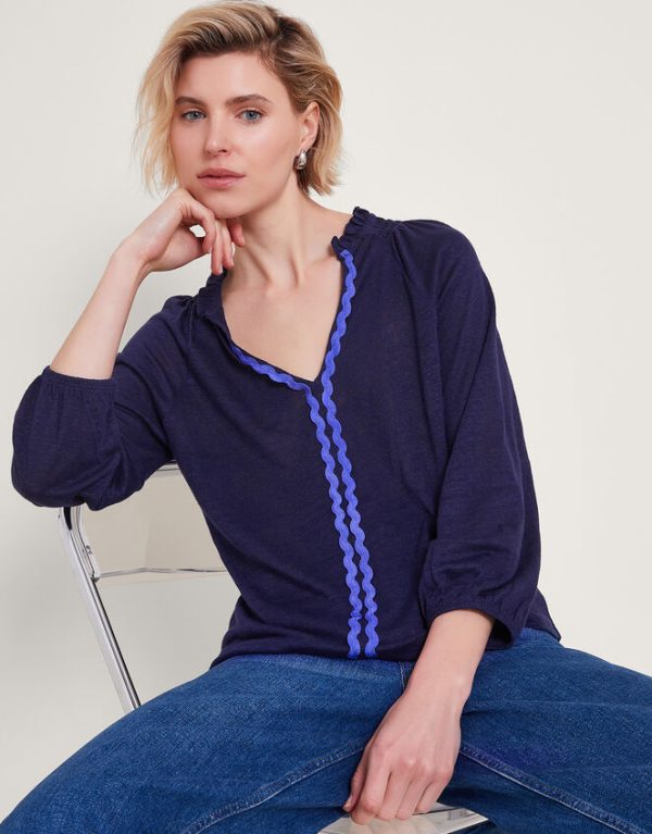 Monsoon Lola Embroidered Linen Top Blue