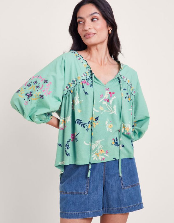 Monsoon Maya Floral Embroidered Top Green