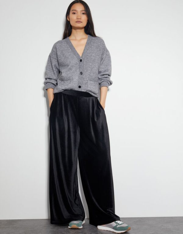 Monsoon Shay Rib Velour Wide Leg Trousers Black