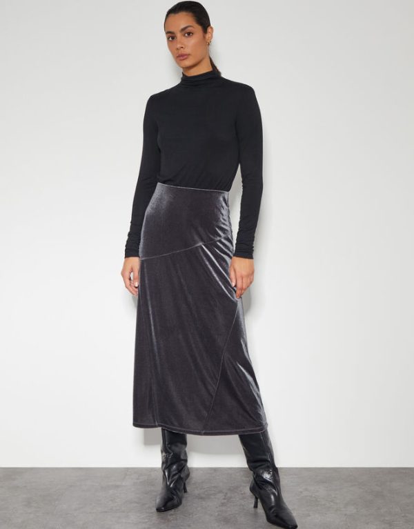 Monsoon Viola Velvet Midi Skirt Silver