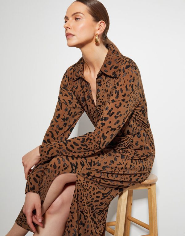 Monsoon Aubrey Jersey Leopard Print Dress Brown