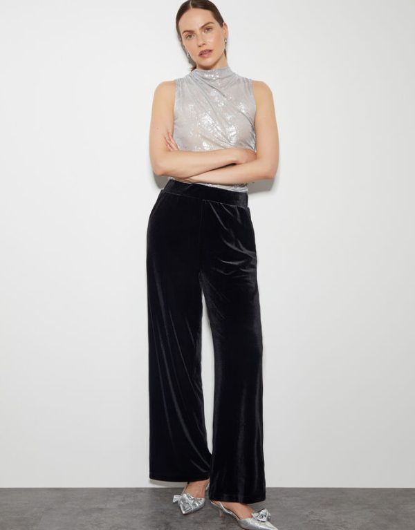 Monsoon Vora Velvet Wide Leg Trousers Black