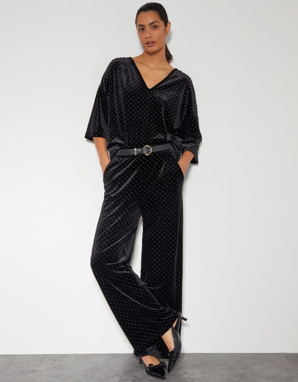 Monsoon Nala Spot Velvet Wide Leg Trousers Black