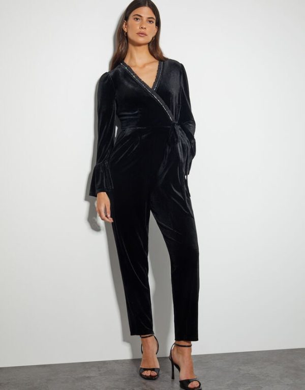 Monsoon Tara Trim Velvet Jumpsuit Black