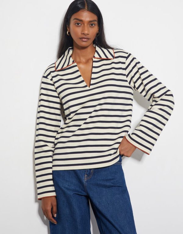 Monsoon Sami Stripe Long Sleeve Collar Top Ivory