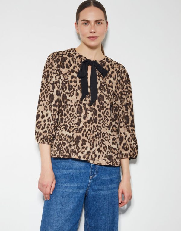 Monsoon Archie Leopard Print Peplum Top Brown