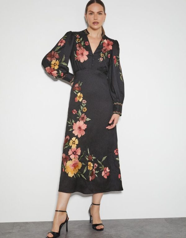 Monsoon Lyra Embroidered Midi Dress Black