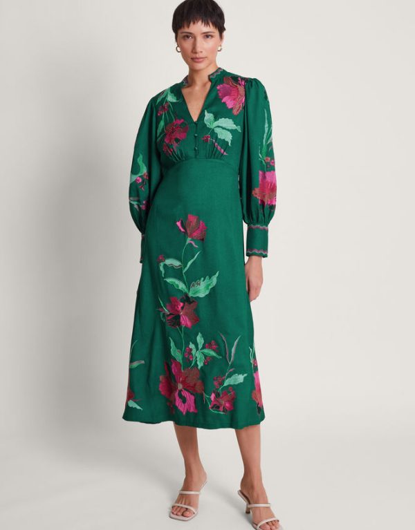 Monsoon Lyra Embroidered Midi Dress Green