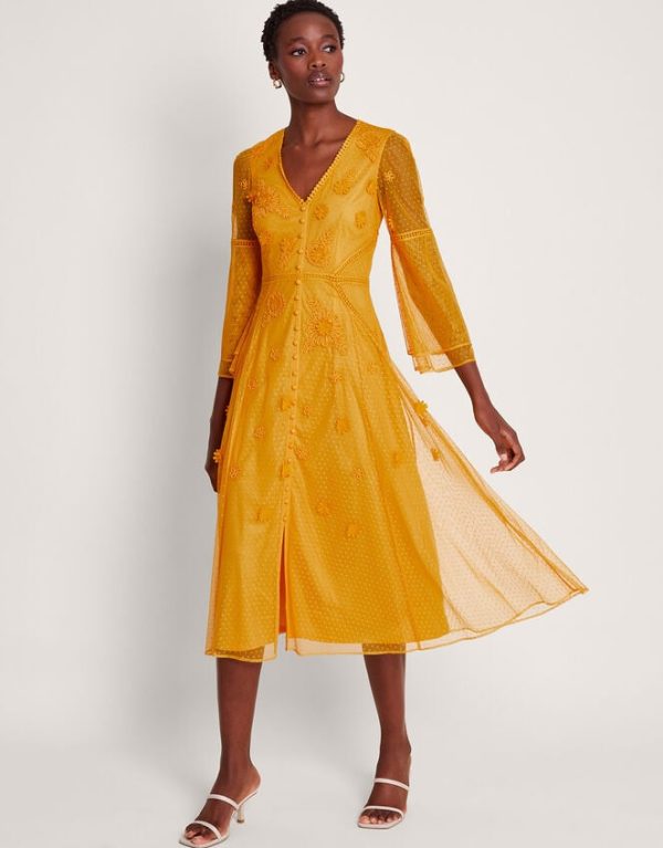 Monsoon Alba Embroidered Tea Dress Yellow