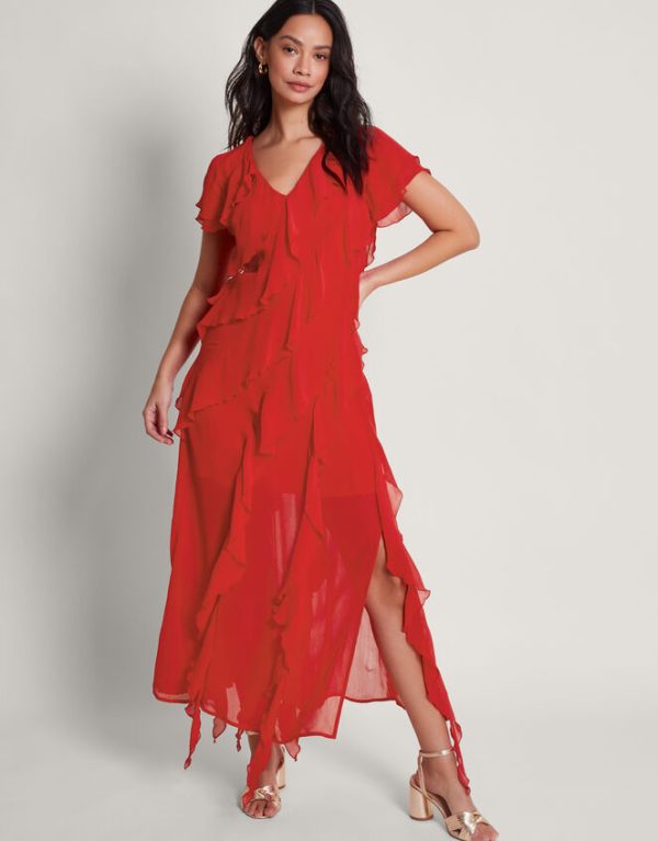 Monsoon Renata Ruffle Maxi Dress Red