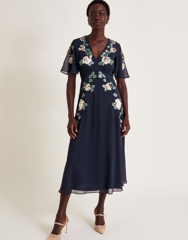 Monsoon Cora Floral Embellished Midi Tea Dress Blue