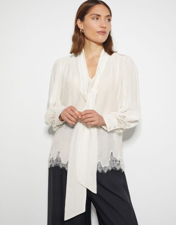 Monsoon Reece Lacy Pussybow Blouse Ivory