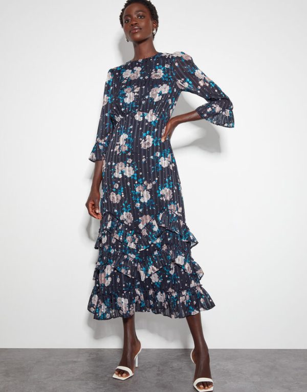 Monsoon Drew Floral Burnout Midi Dress Blue