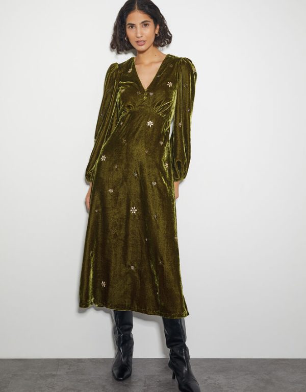 Monsoon Joyce Embellished Velvet Tea Dress Yellow