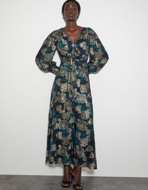 Monsoon Tora Foil Floral Maxi Dress Blue