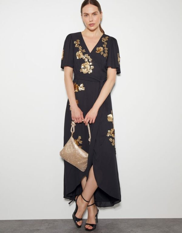 Monsoon Sarah Sequin Floral Midi Wrap Dress Black