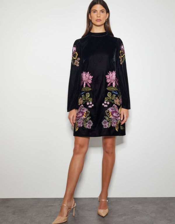 Monsoon Freya Embroidered Velvet Tunic Dress Black