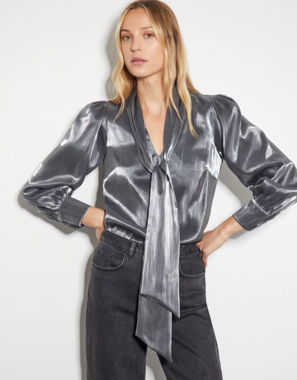 Monsoon Orla Organza Pussybow Blouse Silver