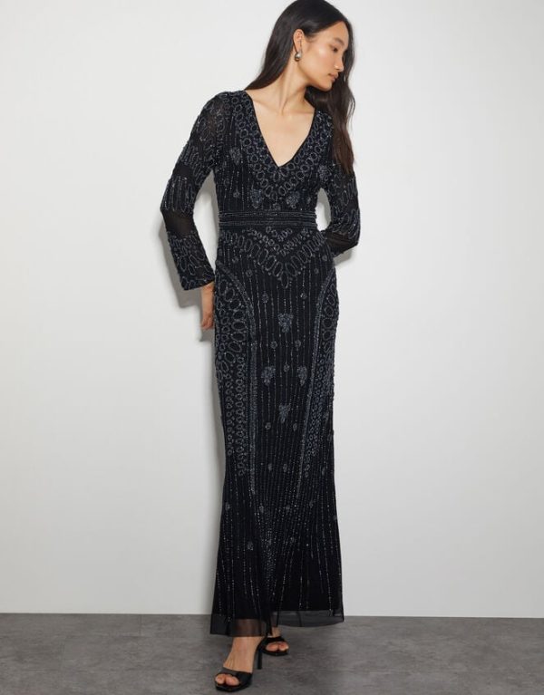 Monsoon Lorelai Beaded Long Sleeve Maxi Dress Black