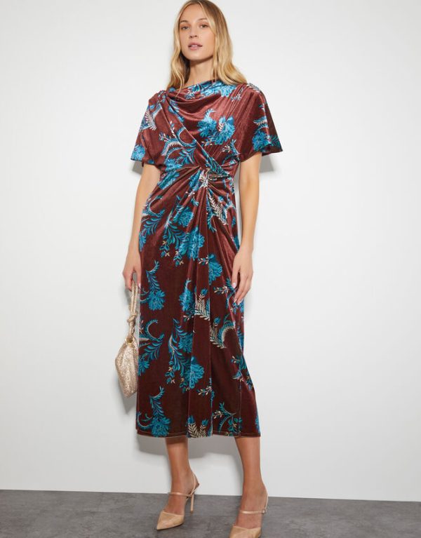 Monsoon Sassa Floral Velvet Cowl Midi Dress Brown