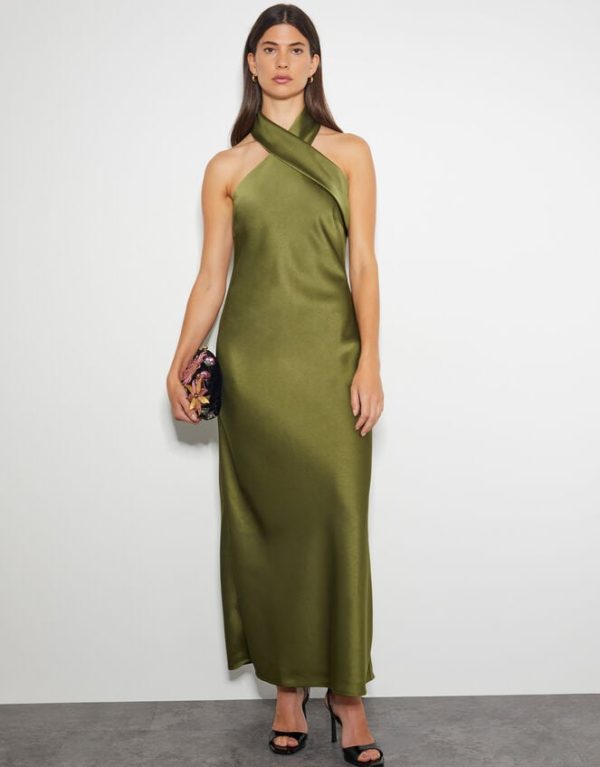 Monsoon Jodie Halter Satin Maxi Dress Green